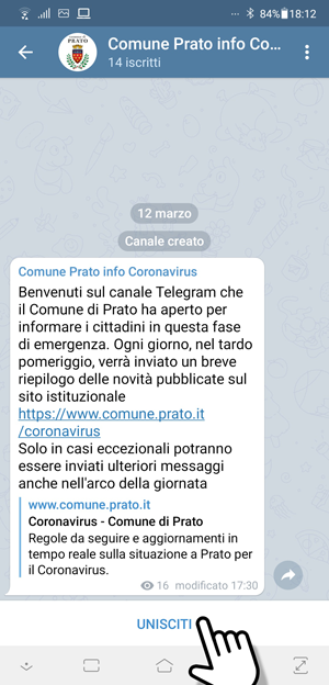 Unisciti al canale Telegram Comune Prato info Coronavirus