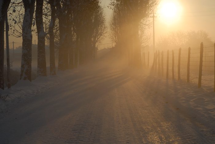 Strada ghiacciata con sole riflesso