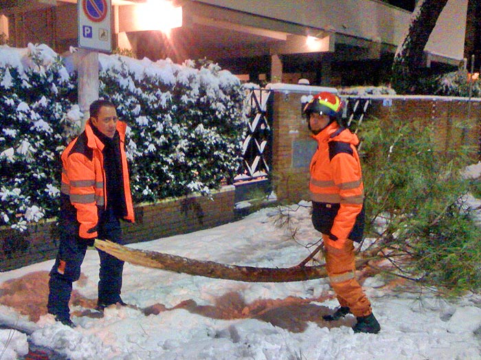 I volontari portano via un ramo caduto a causa della neve